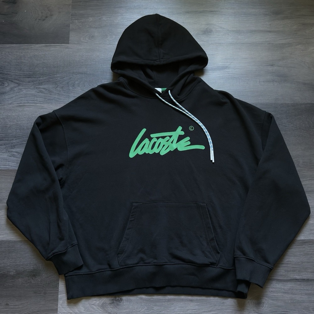 Lacoste LIVE Heavyweight Spell Out Hoodie Mens 2XL Black Script Logo Sweatshirt